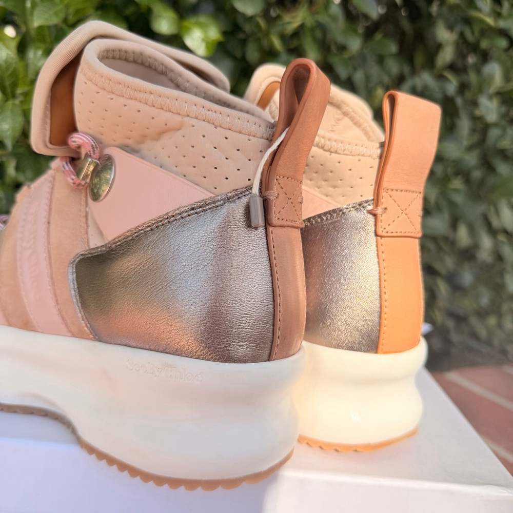 See by Chloe Casey Panelled High-Top Sneakers Pink Beige Size 35 US 5 New In Box - Picture 8 of 9